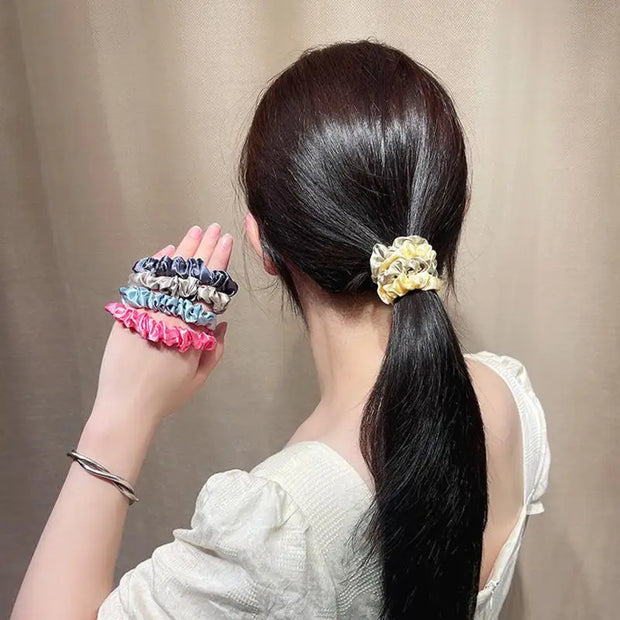 6PCS Elastic Hair Bands Elegant Solid Color Satin Pleated Scrunchies Woman small Ponytail Holder Hair ties Hair accessories