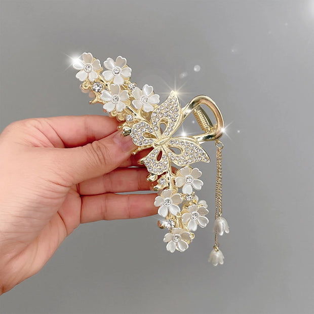 Elegant Butterfly/Flower Hair Claw Clips Gold Color Alloy Hairpins Ponytail Holder Pearls Pendant Headpieces for Women Girls