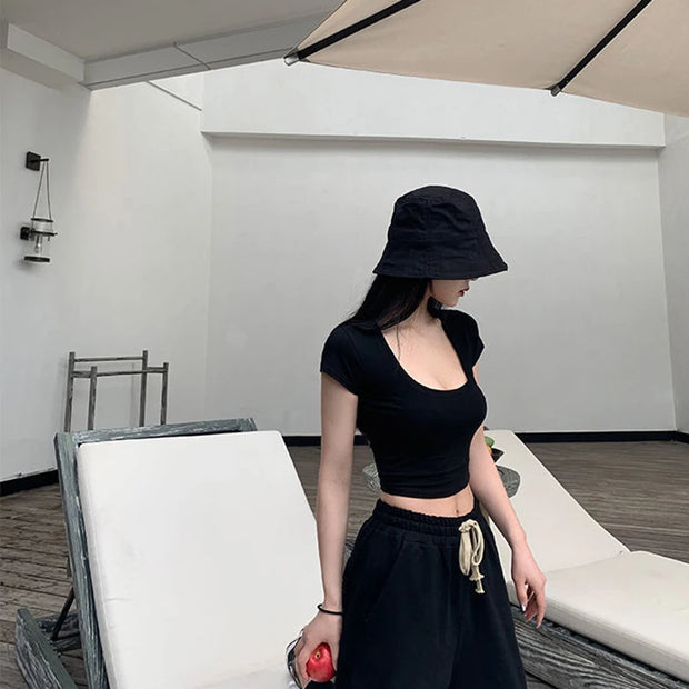 2024 Summer Slim T-Shirt Women Sexy Short Sleeve T Shirt U-Neck Gray Tee Female Solid Basic Black/White Korean Crop Tops Hot Y2k