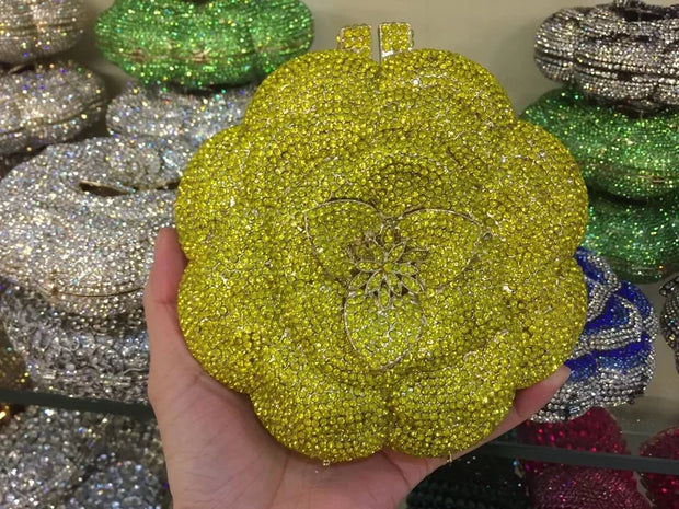 Rose Flower Pink/Green Rhinestones Evening Clutches Women Floral Yellow Crystal Evening Bags Bridal Wedding Party Clutch Purse