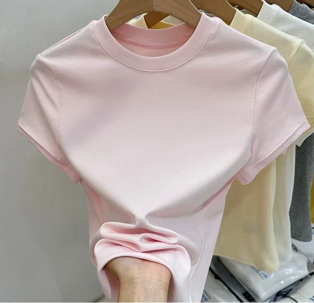 Zjaiss 2025 O-Neck Fashion T-Shirt Summer Sexy Basic Top Solid Short Sleeve Womens Tshirt Casual Korean Tee Streetwear