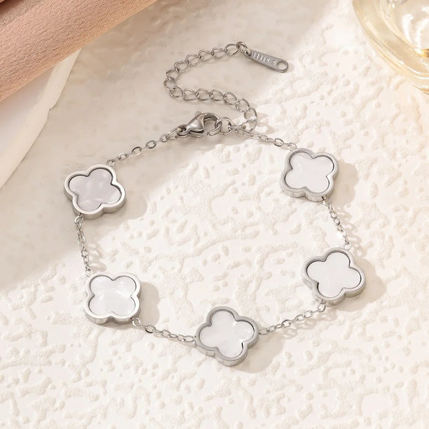 Fashionable New Style Four-Leaf Clover Stainless Steel 18K Gold-Plated Bracelet with Mother-of-Pearl, Non-Fading Jewelry
