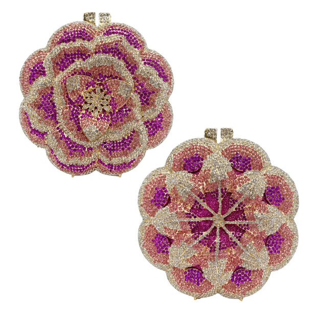 Rose Flower Pink/Green Rhinestones Evening Clutches Women Floral Yellow Crystal Evening Bags Bridal Wedding Party Clutch Purse