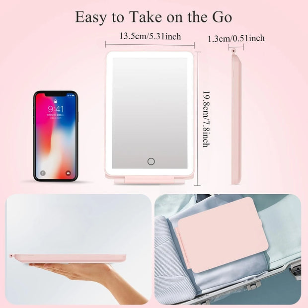 LED Foldable Travel Makeup Mirror 3 Colors Light Modes USB Rechargeable Touch Screen Portable Tabletop Cosmetic Mirror Handheld