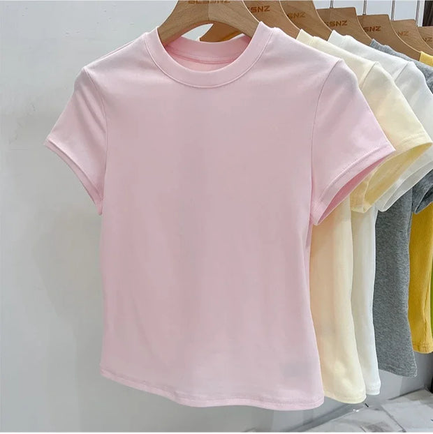 Zjaiss 2025 O-Neck Fashion T-Shirt Summer Sexy Basic Top Solid Short Sleeve Womens Tshirt Casual Korean Tee Streetwear