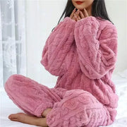 Soft Coral Velvet Jacquard Warm Pajama Set for Women Cozy Loungewear Outerwear for Winter Christmas Back to School Gift ﻿