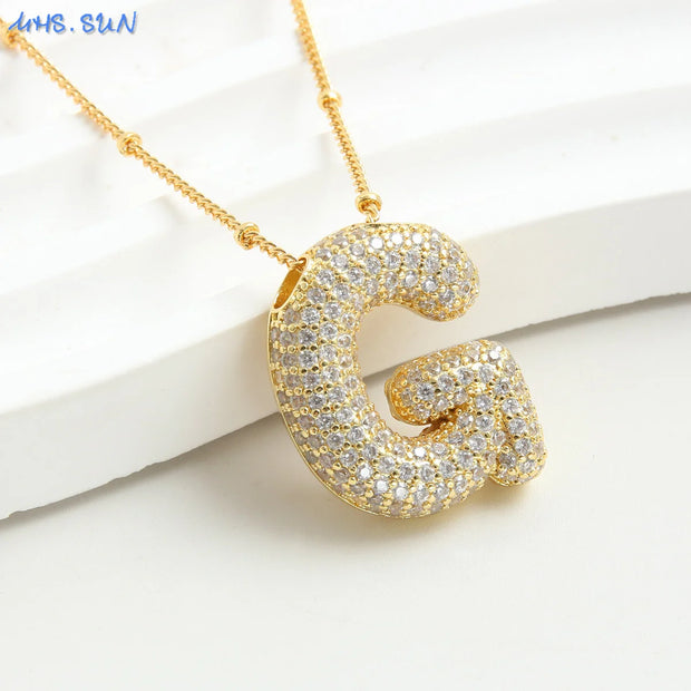 MHS.SUN Gold Plated Balloon 26 Letter Necklaces Copper Zircon Bubble Initial Pendant Chunky Women Personality Chain Jewelry