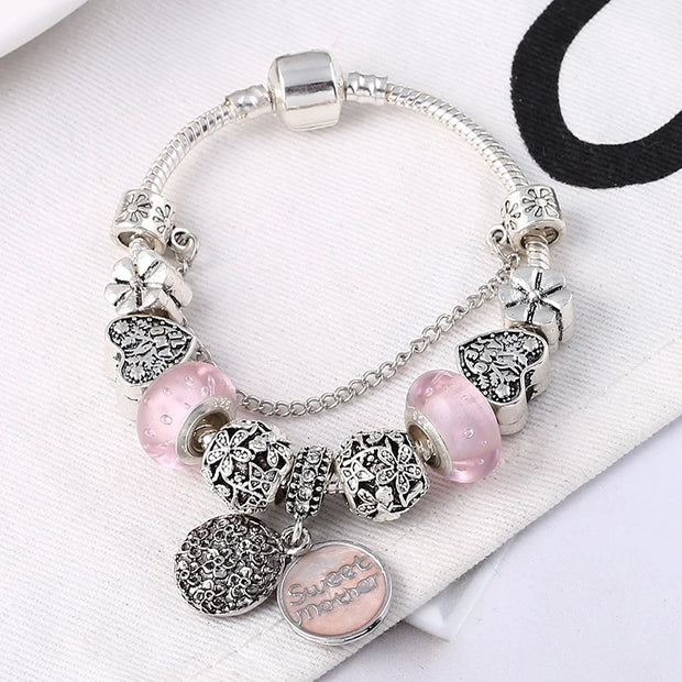 Silver Plated Charm Bracelet & Bangle With Key Lock Crystal Pendant Ball Bracelet For Women Wedding Valentine's Day Jewelry Gift