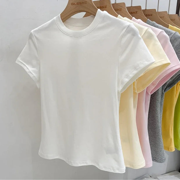 Zjaiss 2025 O-Neck Fashion T-Shirt Summer Sexy Basic Top Solid Short Sleeve Womens Tshirt Casual Korean Tee Streetwear
